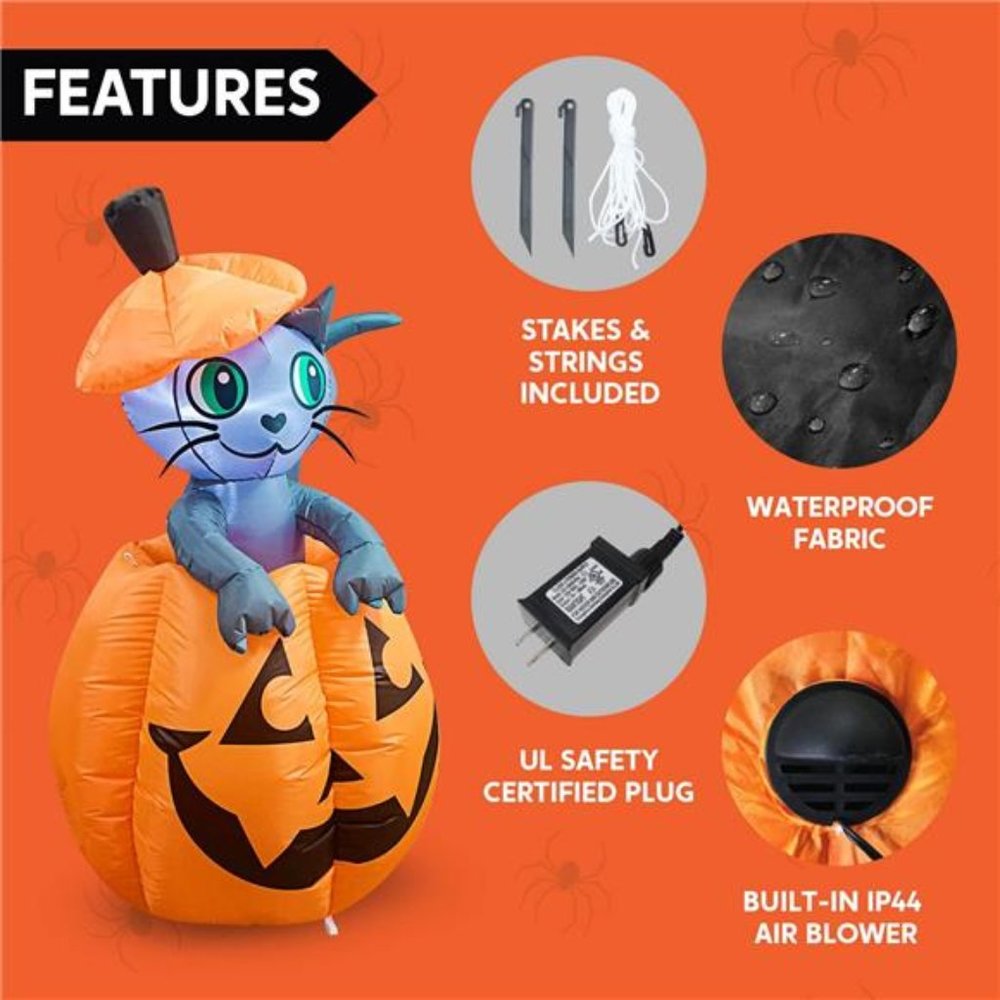 5 ft Tall Halloween Inflatable Animated Kitty Cat On Pumpkin Inflatable - Picture 6 of 6